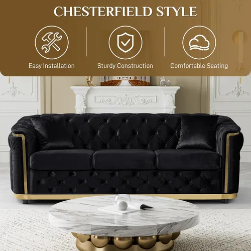 Miniatura 5 de DAMAIFROM Juego de sofá de terciopelo de lujo beige y dorado, moderno de mediados de siglo, sofás Chesterfield copetudos y patas doradas, juego de 2