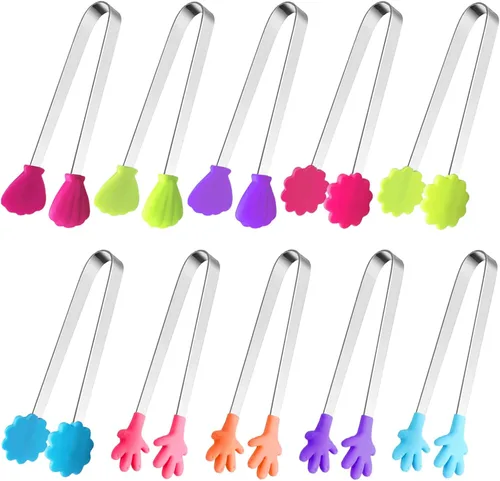 Miniatura 9 de 8 piezas de pinzas mini de silicona, pinzas de 5 pulgadas con forma de mano para alimentos, pinzas pequeñas y coloridas para niños para servir