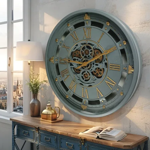 Miniatura 10 de ImprovingLife The Gears Clock - Reloj de pared de 26 pulgadas con engranajes móviles reales línea Bélgica con cubierta de cristal (azul, 26 pulgadas)