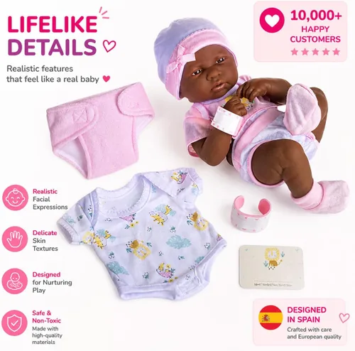 Miniatura 2 de JC Toys - Juego de regalo de 8 piezas de muñeca bebé Layette La Newborn Nursery Muñeca recién nacida afroamericana realista de 14 pulgadas