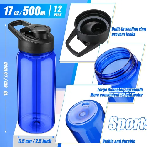 Miniatura 2 de Mimorou 12 botellas de agua de plástico a granel de 17 onzas, botellas deportivas reutilizables portátiles, paquete con asa para niños, adultos, Azul