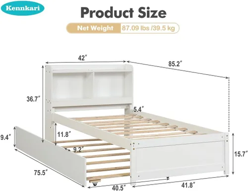 Miniatura 2 de Base de cama de tamaño individual con nido, cama de plataforma para dormitorio, marco de cama nido con cabecera de estantería para niños, niñas