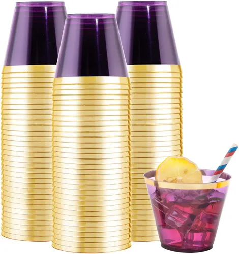 LUODA 150 vasos de plástico púrpura, vasos desechables púrpura de 9 onzas con borde dorado, vasos de plástico con borde dorado estilo antiguo para