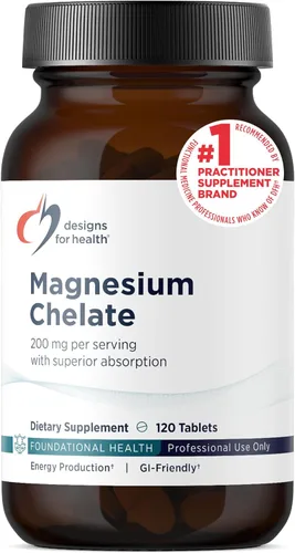 Designs for Health Tabletas de quelato de magnesio – 200 mg de quelato de bisglicinato de magnesio – Suplemento sin OMG diseñado para ser más fácil
