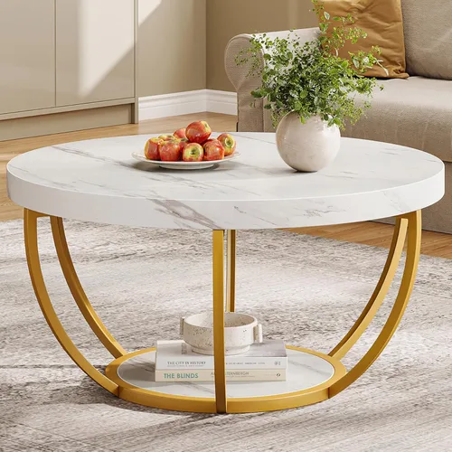 Miniatura 11 de Tribesigns Mesa de Centro Redonda, 31.7" Mesa de Centro Circular de Madera de 2 Niveles con Estantes de Almacenamiento, Mesa de Cóctel de Acento