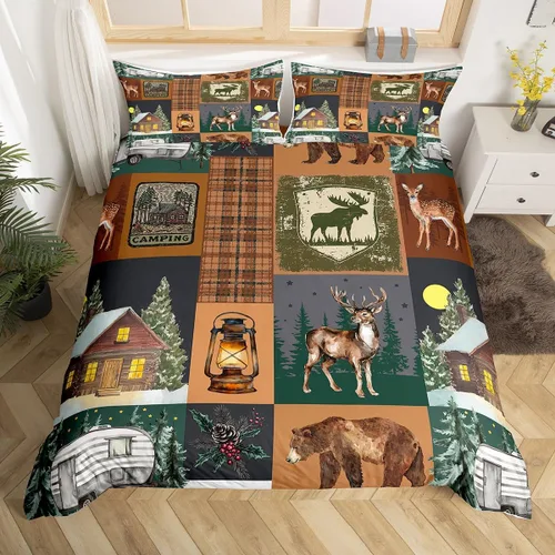 Miniatura 31 de Funda de edredón rústica tamaño Queen, juego de ropa de cama retro para cabaña de cabaña, oso de caza, ciervo, hojas de arce, funda de edredón