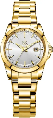 SHENGKE Relojes minimalistas de cuarzo para mujer con pulsera de acero inoxidable y esfera de color de moda
