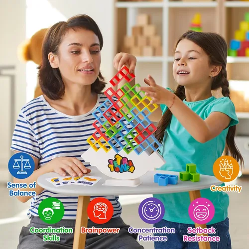 Miniatura 4 de WOWNOVA 48 piezas Torre Tetra, divertido juego de equilibrio y construcción de bloques para apilar para niños, adultos, amigos, equipo, aula