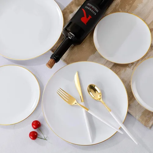 Miniatura 8 de Supernal 150 platos de plástico blanco y dorado, cubiertos de plástico dorado, juego de vajilla blanca incluye 60 platos, 30 tenedores, 30 Juego