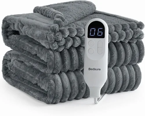 Miniatura 14 de Bedsure Manta eléctrica individual – Manta eléctrica de franela gruesa a rayas, calefacción con 6 ajustes de tiempo (hasta 10 horas), 6 ajustes