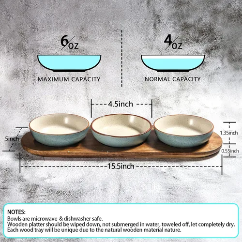 Miniatura 2 de Artena Juego de 6 Tazas de 177ml de Cerámica Sólida Turquesa para Chips y Dip con Bandeja de Madera de Acacia, Tazas de Servir Pequeñas de 11.4cm