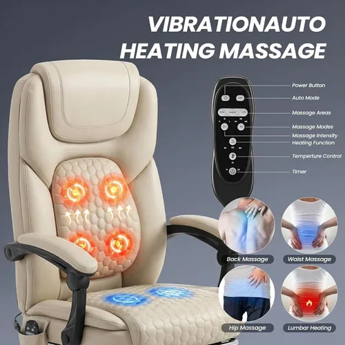 Miniatura 4 de MALOL Silla de oficina de masaje grande y alta de 300 libras, calefacción dirigida de 3 niveles a 149.0 °F, silla de escritorio de cuero de fácil