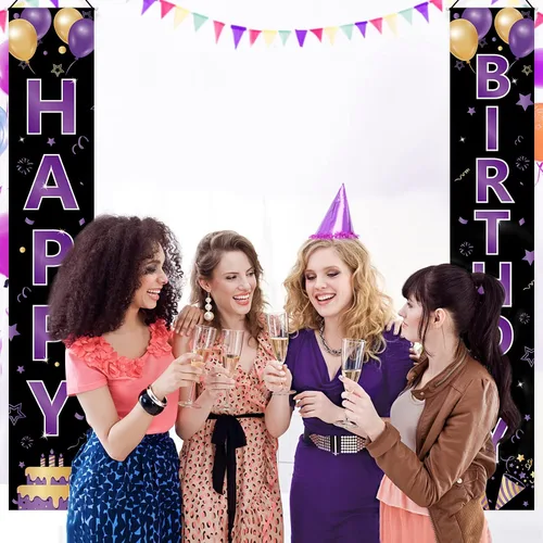Miniatura 5 de Cartel de feliz cumpleaños de color morado dorado para mujeres y niñas, letrero de feliz cumpleaños morado, suministros de fiesta, 16, 21, 30, 40