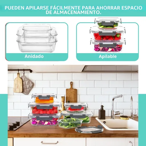 Miniatura 4 de Skroam - Paquete de 10 recipientes de vidrio para la preparación de comidas, recipientes de almacenamiento de alimentos con tapas de cierre a