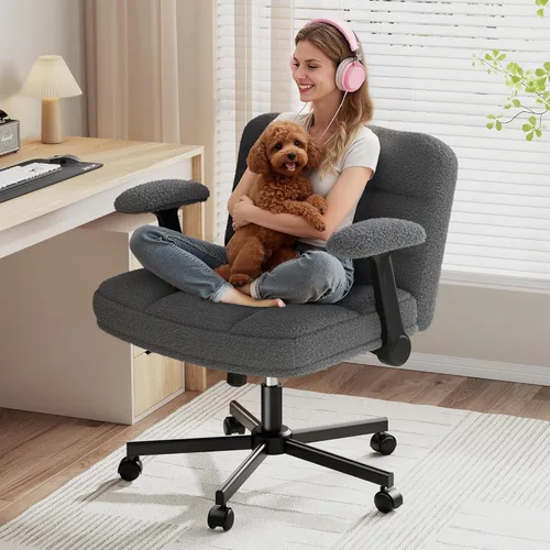Miniatura 10 de DurayLoly Silla Criss Cross con Ruedas, Silla de Oficina con Reposabrazos Levadizos, Silla de Tocador para Dormitorio, Oficina en Casa, Apartamento