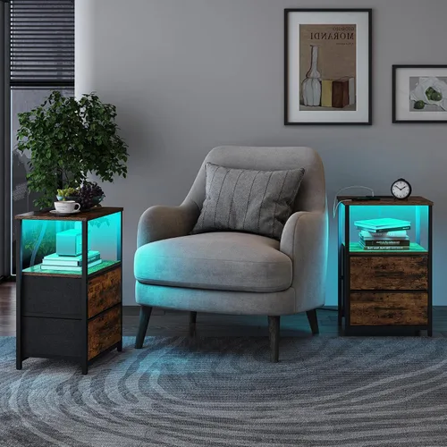 Miniatura 2 de TUTOTAK Mesita de noche LED con estación de carga, mesita de noche grande con puerto USB y Type-C, mesa de noche con cajones de tela, mesa auxiliar