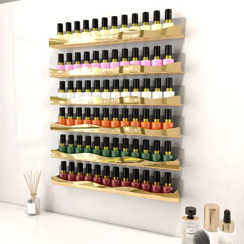 Miniatura 4 de YMVV Estantes de esmalte de uñas montados en la pared, estante organizador de esmalte de uñas con acabado de espejo dorado de 5 pulgadas, estante