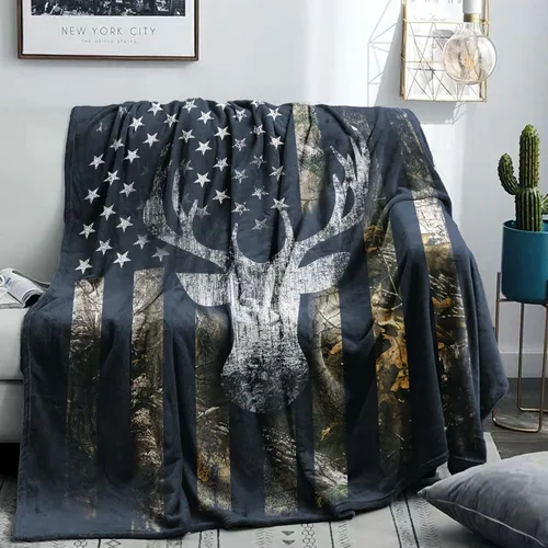 Manta de Caza con Bandera de Ciervo Camuflado de EE.UU., Mantas de Regalo para Hombres, Manta Súper Suave, Acogedora y Cálida para Sofá, Silla,