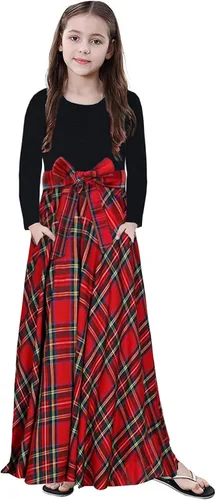 KYMIDY - Vestido largo para niña, casual, a cuadros estilo Buffalo, de manga larga, con bolsillos (para niñas de 6 a 14 años)