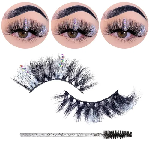 Miniatura 21 de Pestañas postizas negras y rosas con purpurina de color, 1 par de pestañas para mujer, pestañas postizas con reflejos en el extremo, tira