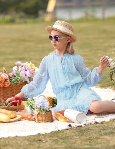 Miniatura 8 de DONWEN Vestido de punto suizo para niña, manga larga, vestido de gasa fluido, vestido de primavera y verano, con lazo frontal, vestidos casuales