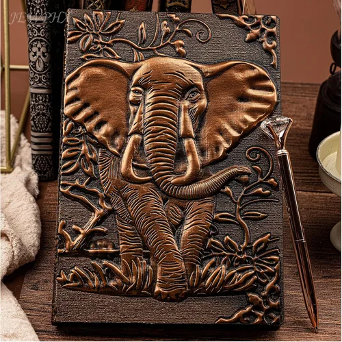 Miniatura 6 de Diario de Cuero Vintage con Elefante 3D con Juego de Bolígrafos, Libreta Diaria de Cuero Antiguo Hecha a Mano, Cuaderno de Bocetos, Diario de Viaje