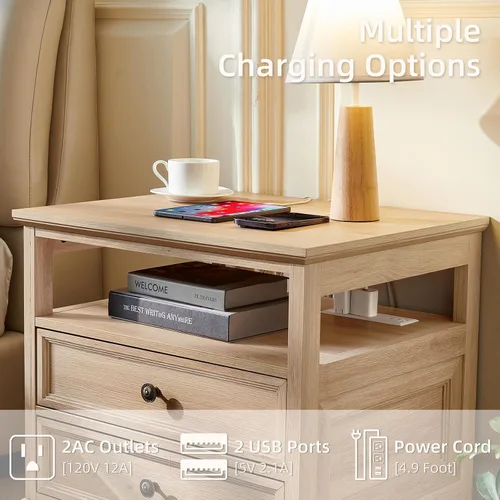 Miniatura 5 de Joaxswe Mesita de noche estilo granja con estación de carga, mesa auxiliar de 61 cm de ancho con 2 cajones, cómoda natural para dormitorio, cómoda
