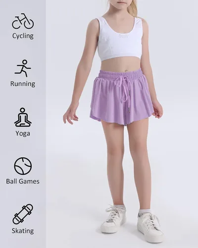 Miniatura 4 de HASMES Pantalones cortos de mariposa para niñas, pantalones cortos deportivos fluidos con bolsillos interiores para correr, bailar, animar, 5-14 años