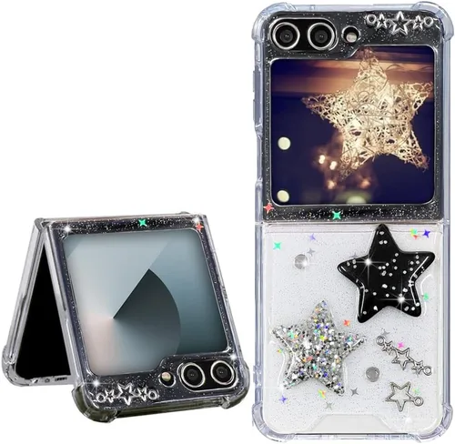 Miniatura 23 de Abbery Funda transparente para Samsung Galaxy Z Flip 3 5G, transparente y con diseño de purpurina bonita con purpurina floral prensada de Rosa