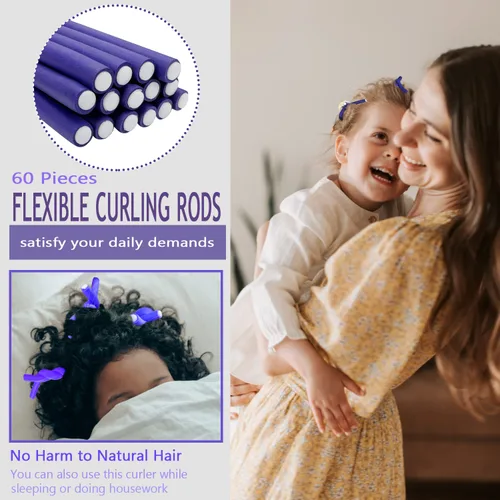 Miniatura 3 de 60 varillas flexibles para rizar, de espuma giratoria, sin calor, rodillos de pelo y peine de cola de rata de acero para cabello largo y corto
