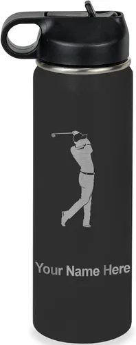 Miniatura 42 de LaserGram Botella de agua personalizada, golfista de golf, acero inoxidable de doble pared aislada al vacío con popote superior, regalo grabado Negro