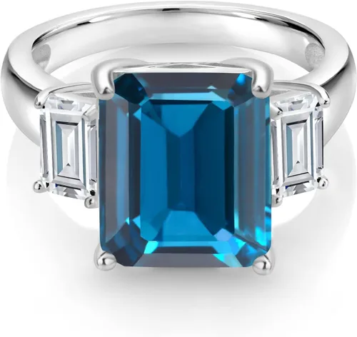 Miniatura 3 de Gem Stone King Anillo de plata de ley 925 con topacio azul Londres y moissanita blanca de 3 piedras para mujer