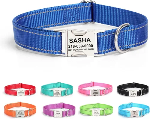 Miniatura 27 de Collar de perro personalizado con etiqueta de nombre, collar de nailon reflectante para mascotas, collares de perro con hebilla grabada Rosa