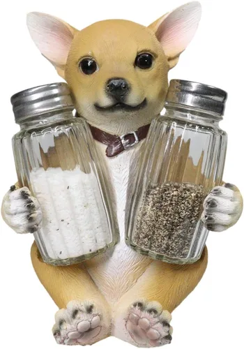 Ebros Picante - Juego de figuras de taza de té de color marrón claro, chihuahua con collar, salero y pimienta, 6.25 pulgadas de alto, Chi Chi Taco,