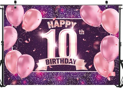 Miniatura 2 de Decoraciones de fondo de feliz cumpleaños 10 para niñas, pancarta de fondo rosa, morado y dorado Cartel de fondo de fotos de feliz 10 cumpleaños