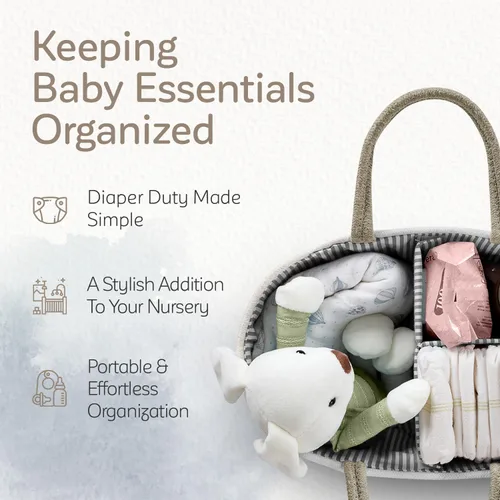 Miniatura 2 de KiddyCare Organizador de pañales tejido, cesta portátil multifuncional grande de color gris con asa, regalo de bebé para niños y niñas, Natural