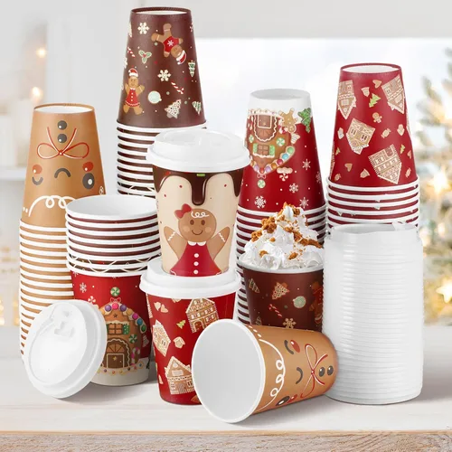 Miniatura 11 de Gerrii Juego de 100 vasos de papel de Navidad desechables de 12 onzas con tapas, tazas de chocolate caliente, tazas de café, tazas calientes