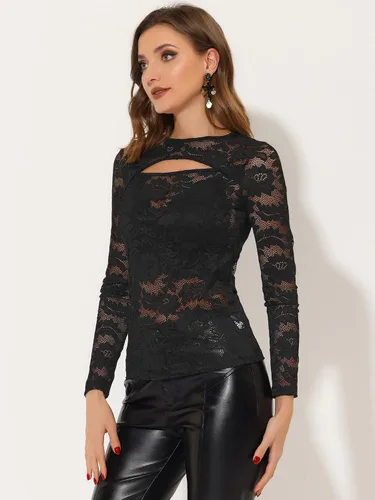 Miniatura 5 de Allegra K Top transparente para mujer, de manga larga, semi transparente, con encaje