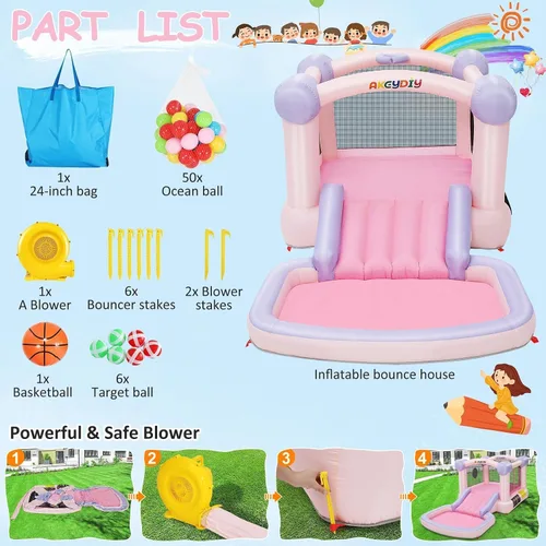 Miniatura 9 de AKEYDIY Pastel Dream Casa de Rebote para Niños de 3-10, Casa de Rebote de Agua de 161x82x63 pulgadas con Tobogán, Piscina de Pelotas/Foso