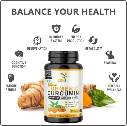 Miniatura 5 de Curcumina de cúrcuma de 1000 mg, sin rellenos, 95% curcuminoides con extracto de pimienta negra BioPerine, vegano, sin OMG, fabricado en Estados