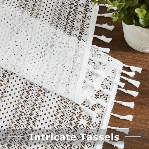 Miniatura 4 de Paneles de cortina cortos de encaje blanco transparente con borlas, cortinas bohemias para sala de estar, diseño de patrón geométrico bordado