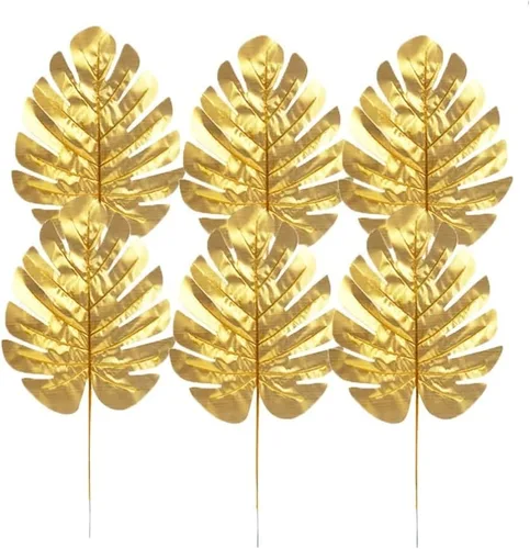 GANAZONO 12 hojas de tortuga artificiales doradas con varilla, hojas de Monstera de seda para decoración del hogar y fiestas, 15.55 x 7.87 pulgadas