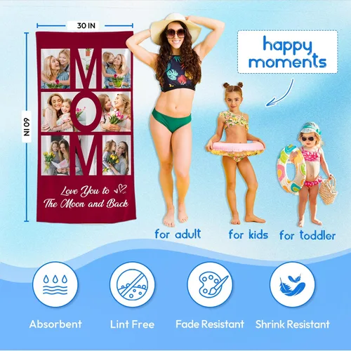 Miniatura 4 de JML Regalos del Día de la Madre y Cumpleaños para Mamá de Hija o Hijo, Toalla de Playa Personalizada con Foto, Toalla de Playa Personalizada