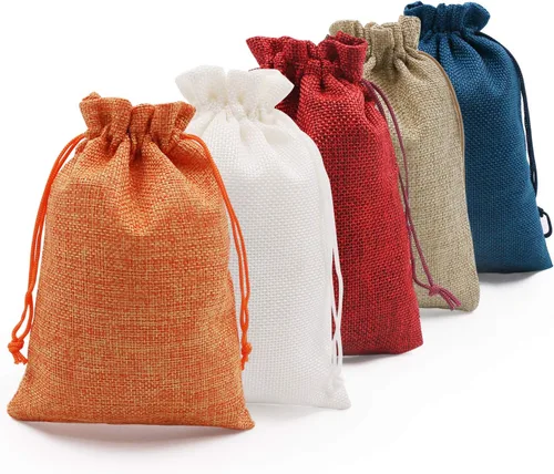 SumDirect Pequeñas bolsas de regalo de arpillera – 20 bolsas de joyería de colores mixtos de 5 x 7 pulgadas con cordón, bolsas de regalo de lino