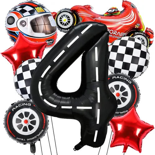 Miniatura 10 de Piokio 9 globos de auto de carreras, globos negros número 1 a cuadros para decoración de fiesta temática de primer cumpleaños de carreras