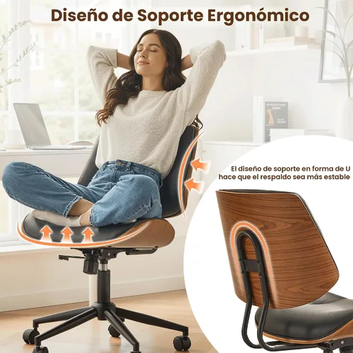 Miniatura 3 de ovios Silla de oficina en casa con ruedas, moderna silla de escritorio giratoria de piel sintética, respaldo medio, altura ajustable, sillas de botón