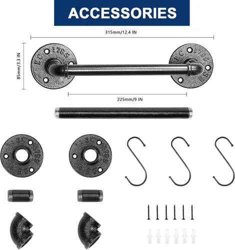 Miniatura 2 de NearMoon Toallero industrial de tubería, accesorio de toallero de baño resistente, montaje en la pared, soporte para toallas de baño de hierro