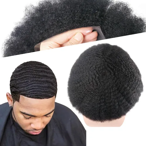 Miniatura 30 de Pelucas Afro Rizadas Toupé para Hombres Pelucas para Hombre Afroamericano Negro Unidad de Cabello Masculino Negro Rizado Afro Tejido Masculino