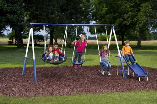 Miniatura 3 de XDP Recreation Swingin' More Fun - Juego de columpios para niños en el patio trasero al aire libre, blanco/azul y XDP Recreation 70113, juego