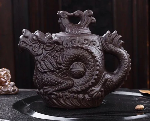Miniatura 4 de Auténtica tetera Yixing Dragón y Fénix Tetera de gran capacidad Juego de té de arcilla morada, tetera Kung Fu (negro)
